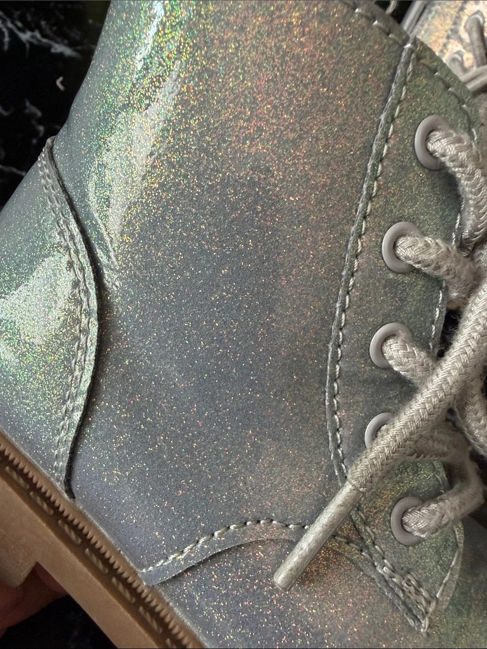 Old Navy Iridescent Silver Holographic Lace-Up Kids Boots